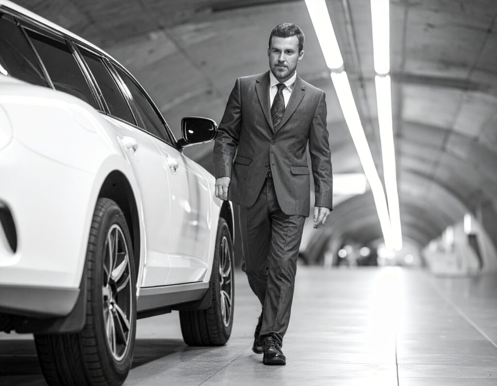 man-walking-around-car-to-inspecting-