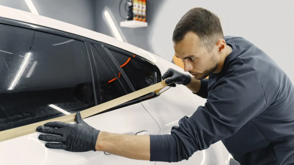 a professional installing car window tint