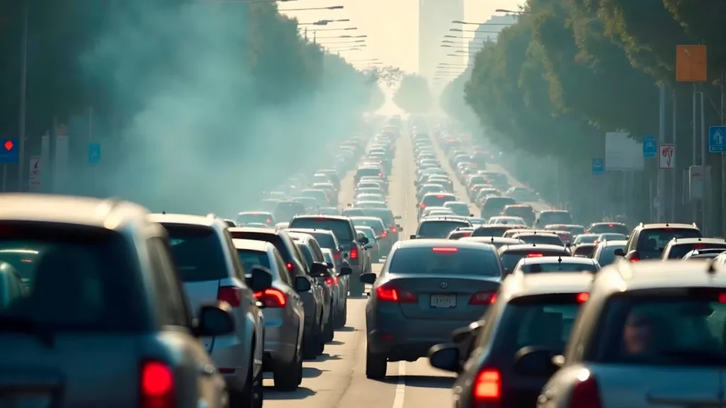 city road crowded with car traffic and emissions