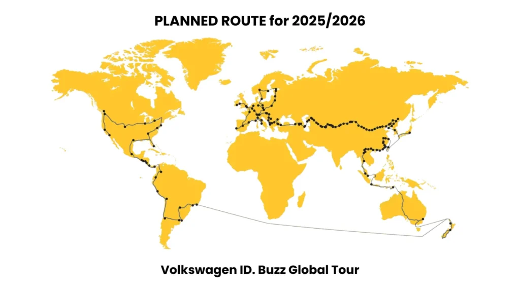 planned route for Volkswagen ID. Buzz World Tour 2025 2026