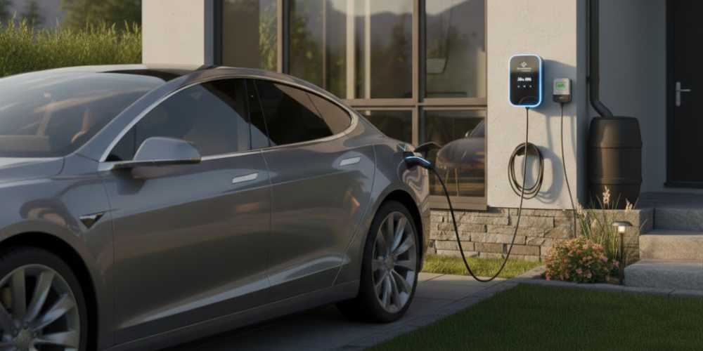 An EV plugged into a home charger unit