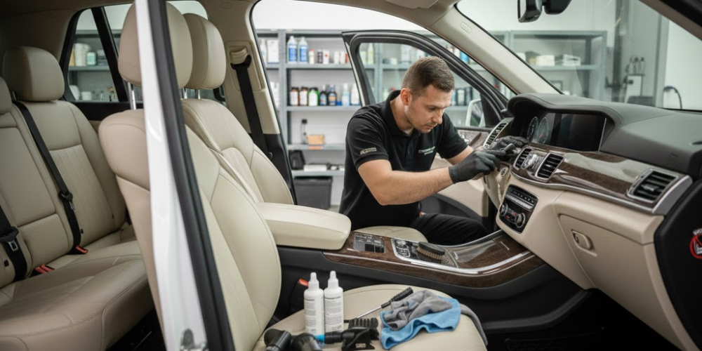 a professional car interior detailing in progress