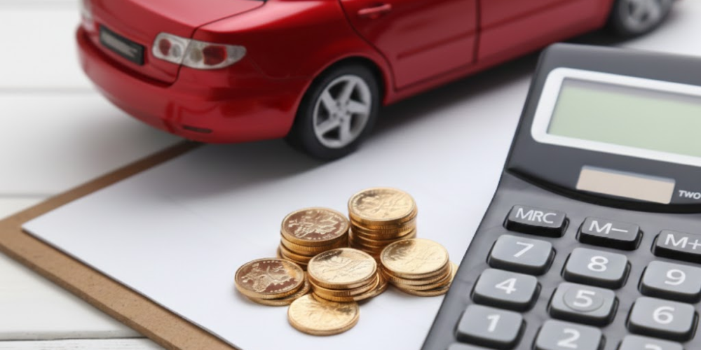 a red car dummy with some coins and a calculator showing incentives or tax on a car purchase
