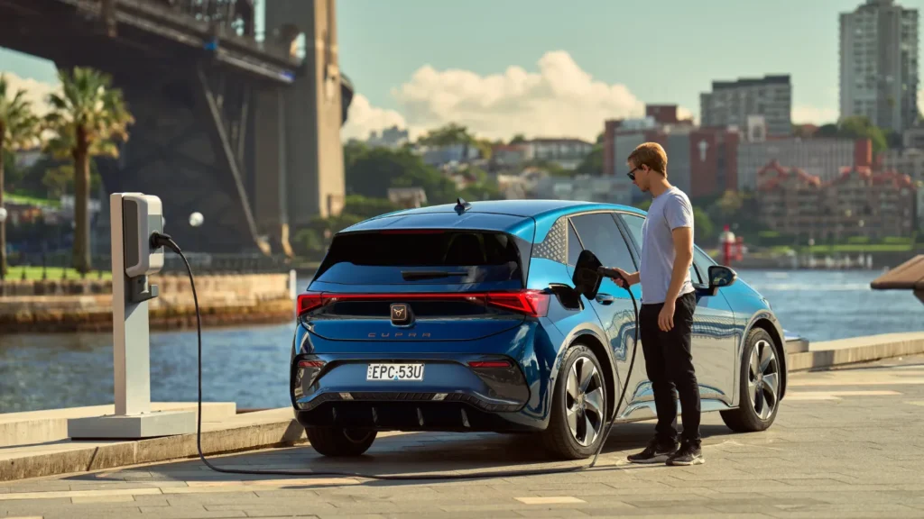 man plugging in charger in Cupra Born EV