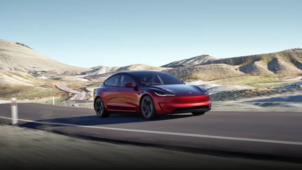 Tesla Model 3 on a mountaineous road