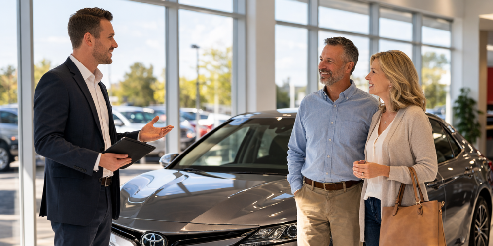 A middle age white couple negotiating a used car deal with a salesman