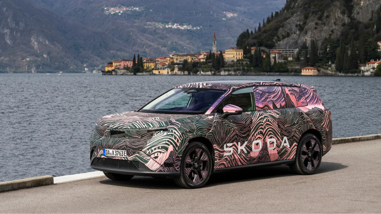Skoda Peaq electric SUV prototype parked by the lake