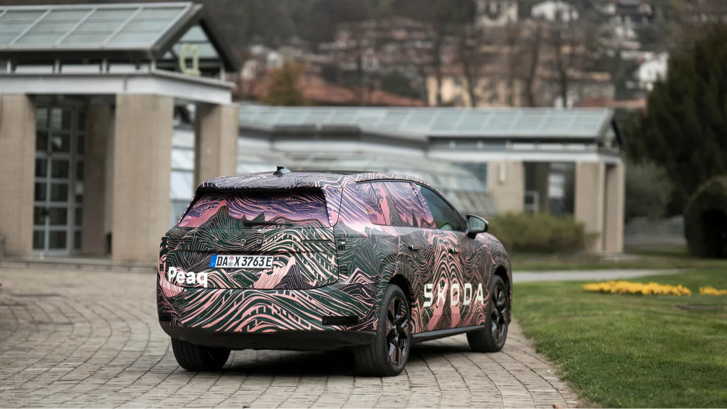 Skoda Peaq electric SUV prototype parked rear view