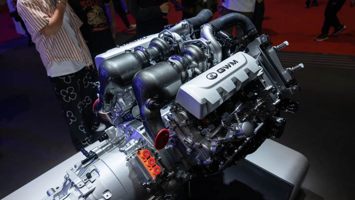 upcoming 4L twin turbo V8 engine by GWM close up at 2026 beijing auto show