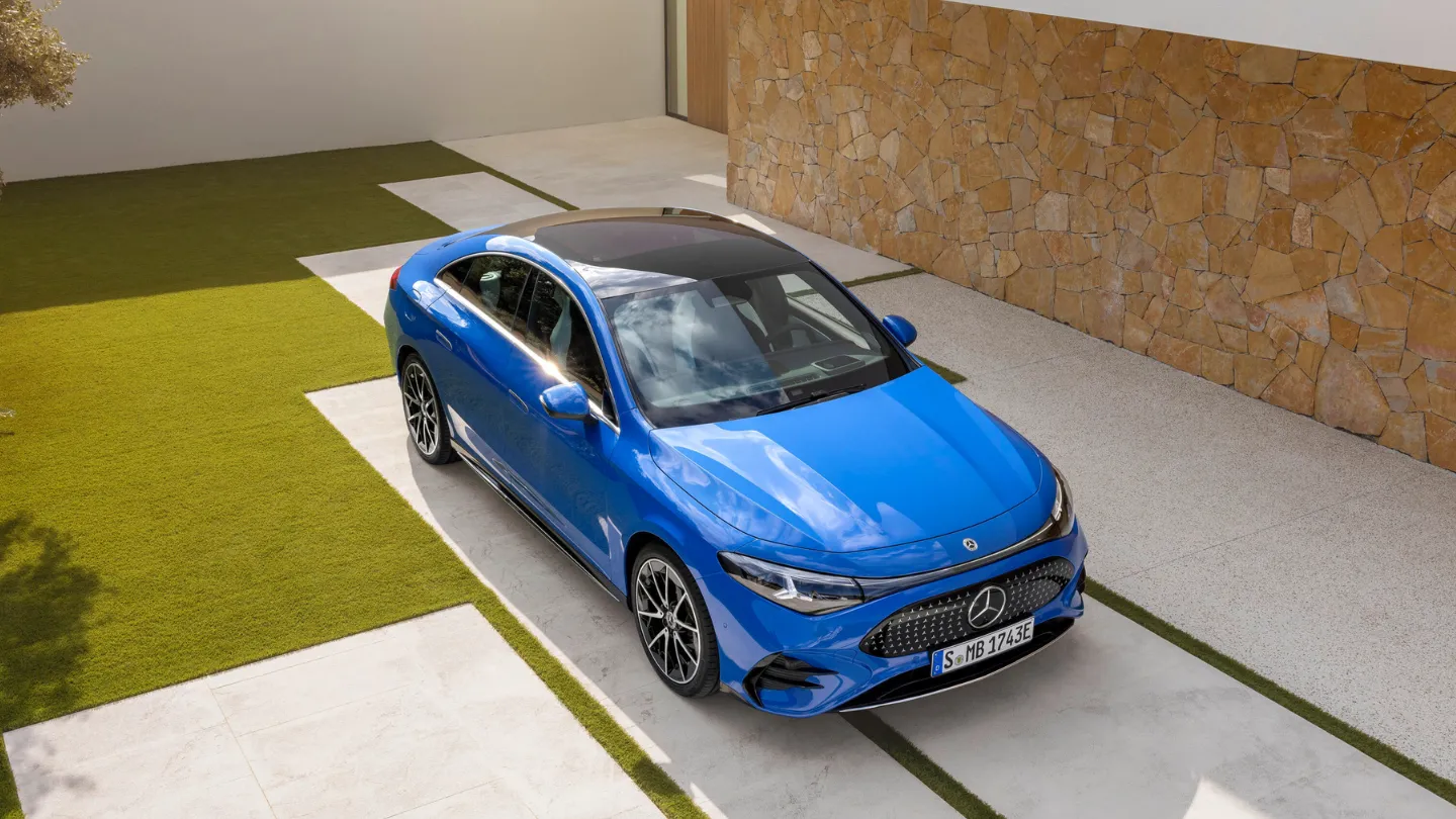 2026 Mercedes-Benz CLA electric variant sun roof glass visible parked