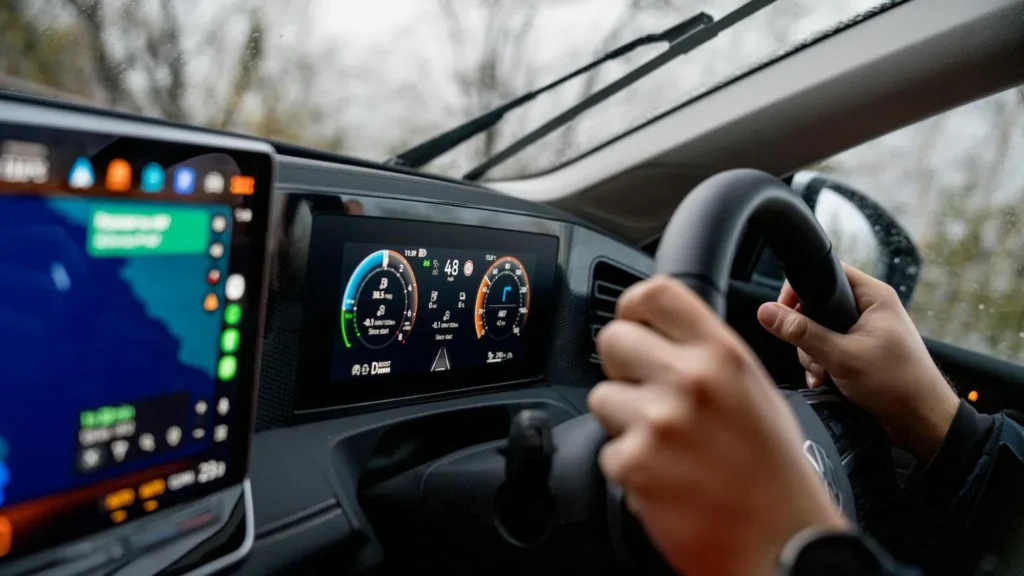 A driver looking at the modern EV dashboard metrics