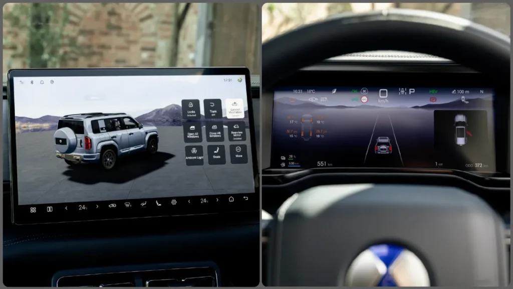 Denza B5 centre infotainment screen left head up display right