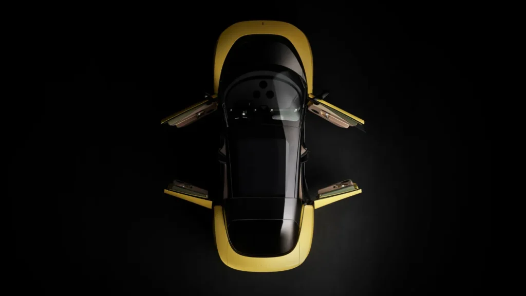 Ferrari Luce EV yellow variant four doors open