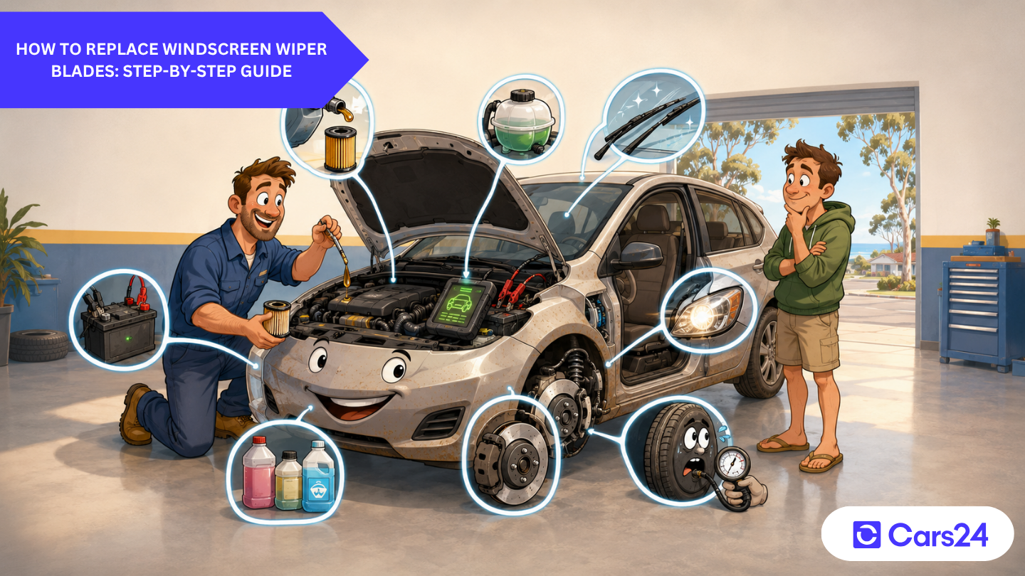 Cartoon illustration showing what does a car service include in Australia, with a mechanic checking oil, tyres, brakes, battery and service paperwork