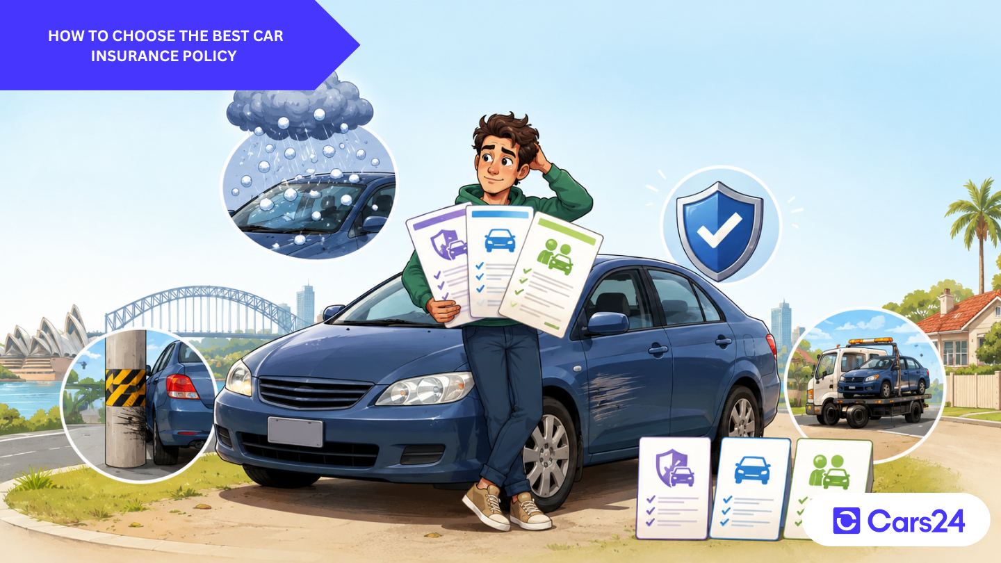 Cartoon illustration of an Australian comparing insurance papers beside a parked used car