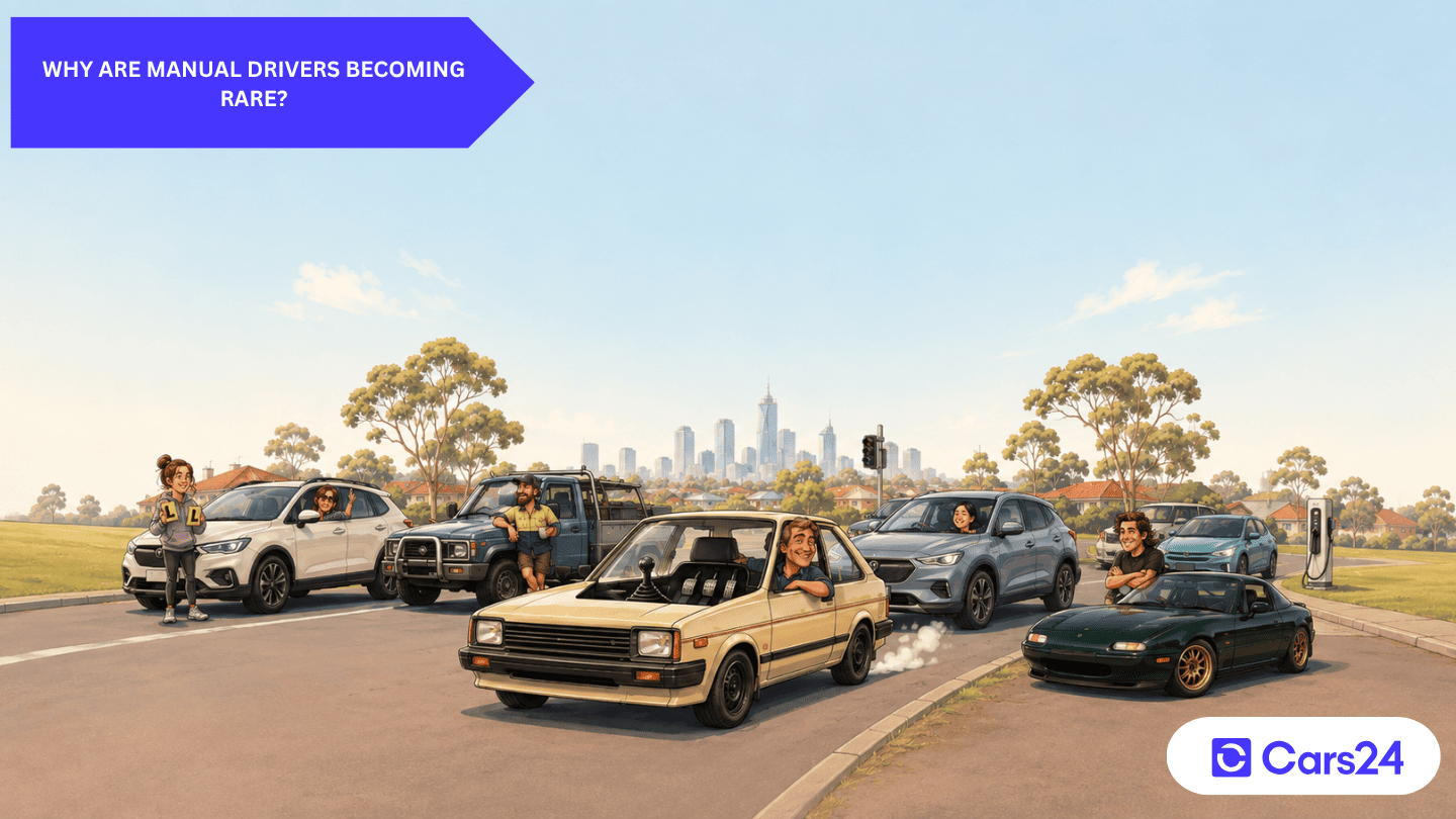 Cartoon illustration of an Australian drivers in SUVs, hybrids and EVs.