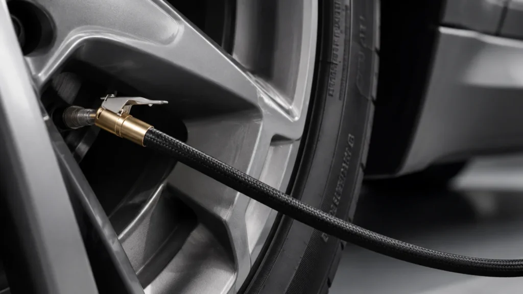 Inflating car tyre with air pump hose having clip on chunks