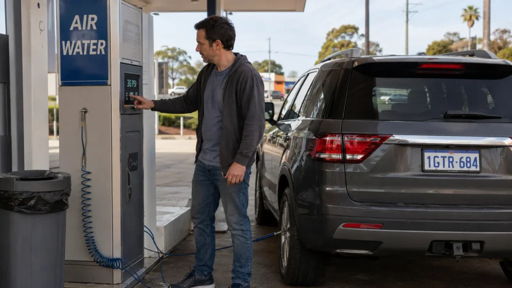 Man setting up the tyre pressure on the air pump at a servo