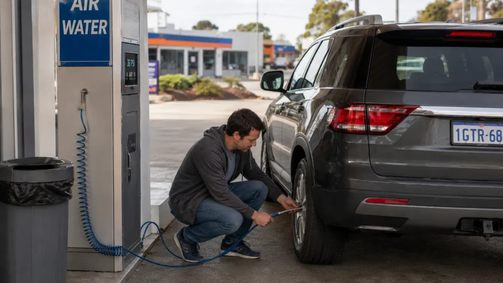 man filling car tyres with an air pump at a service station