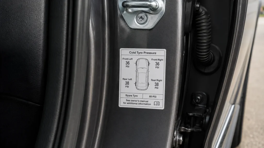 tyre placard showing recommende tyre pressures