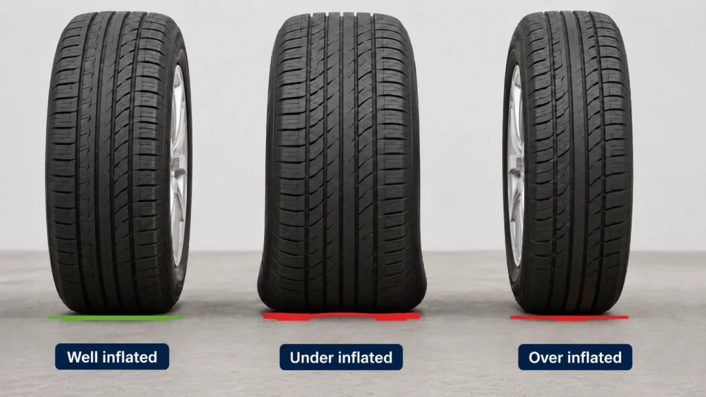 well inflated under inflated and over inflated car tyres