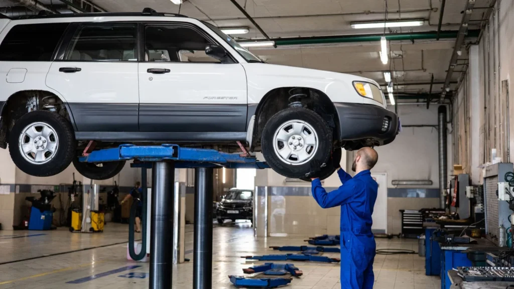 a mechanic inspecting a car on hoist