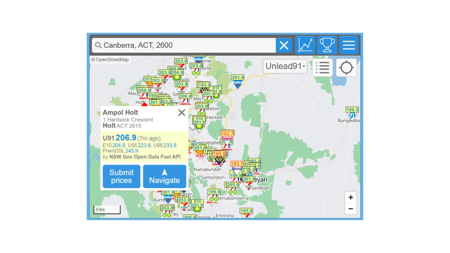 screenshot petrolspy canberra fuel price spike 2