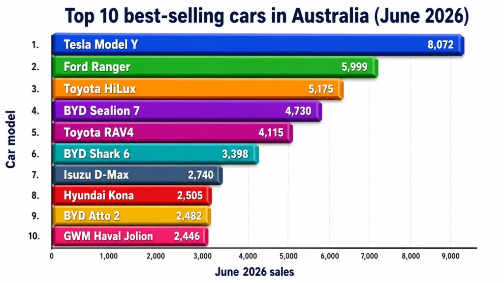 top 10 best selling cars in Australia vfacts June 2026 bar graph