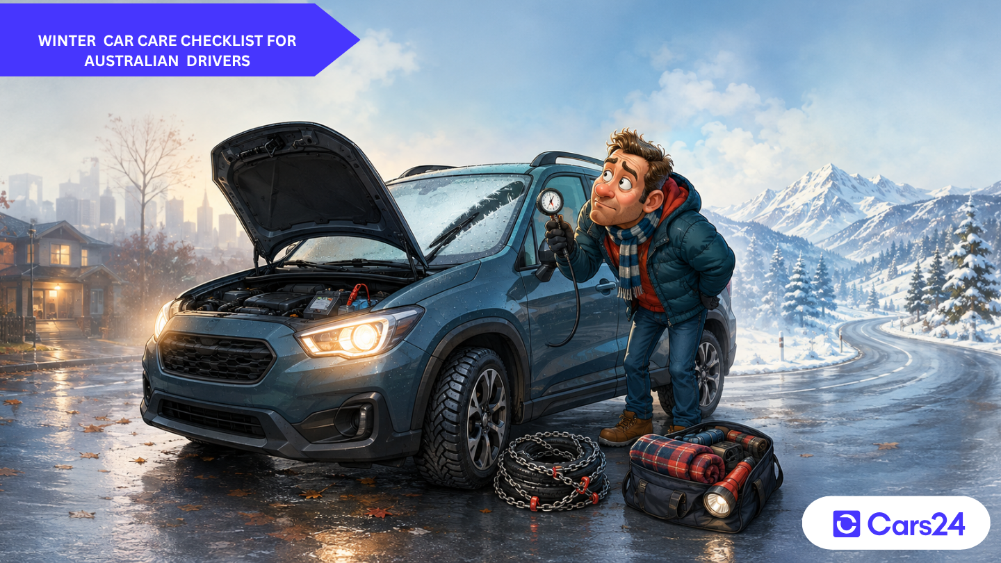 Driver checking tyre pressure beside a car with its bonnet open, snow chains and winter gear ready for an alpine drive