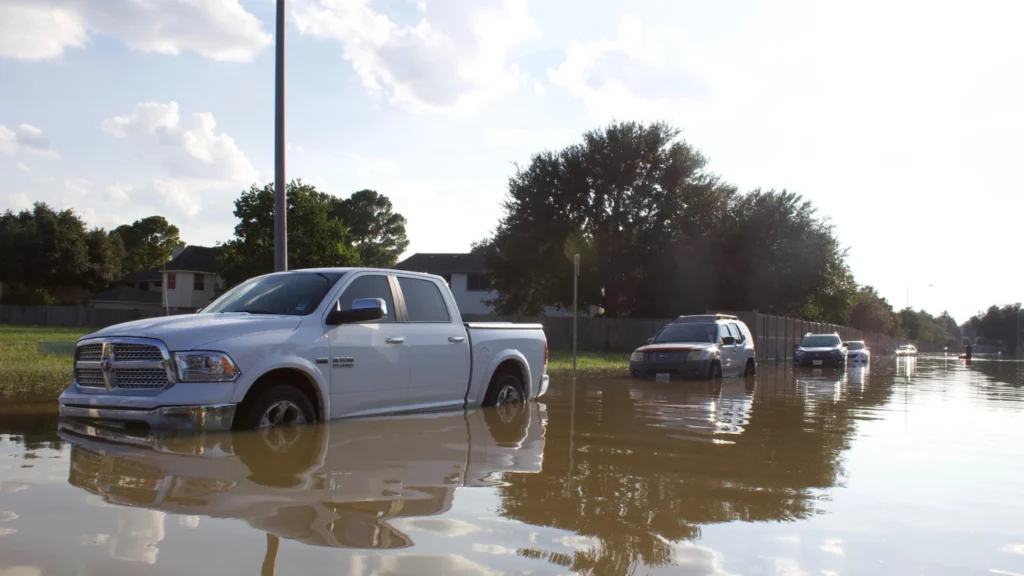 Cars on a flooded road after hail storm