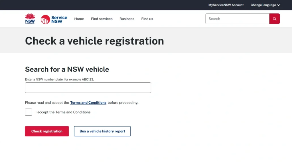 Service NSW rego check website interface