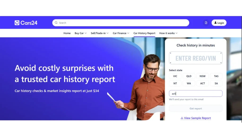cars24 car history check website interface