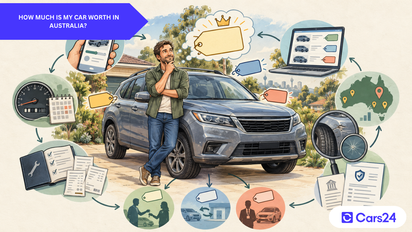 Australian car owner comparing online valuations, used-car listings and vehicle details to estimate their car’s current market value