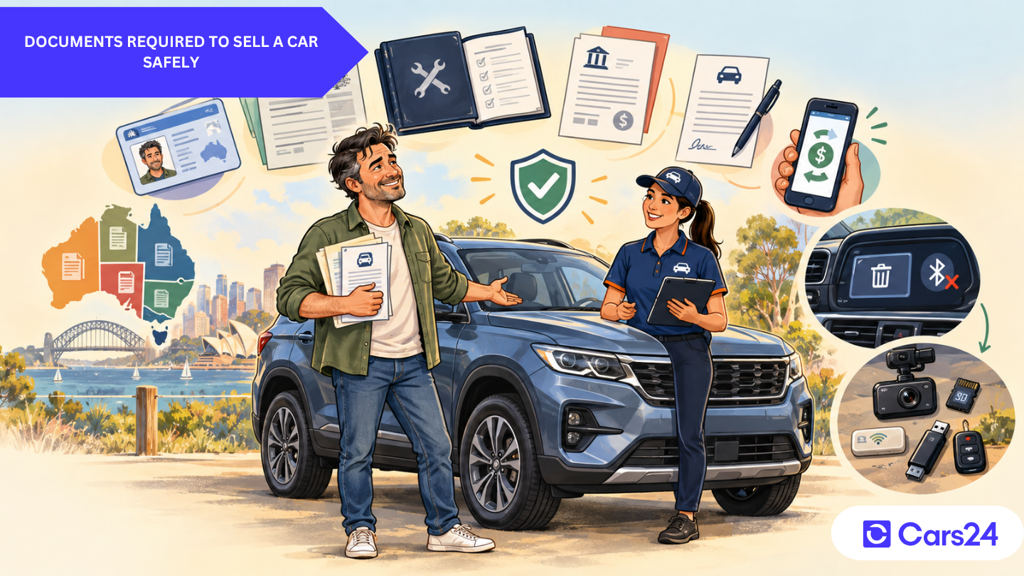 Seller checking car sale documents and personal information before handing over a vehicle to Cars24