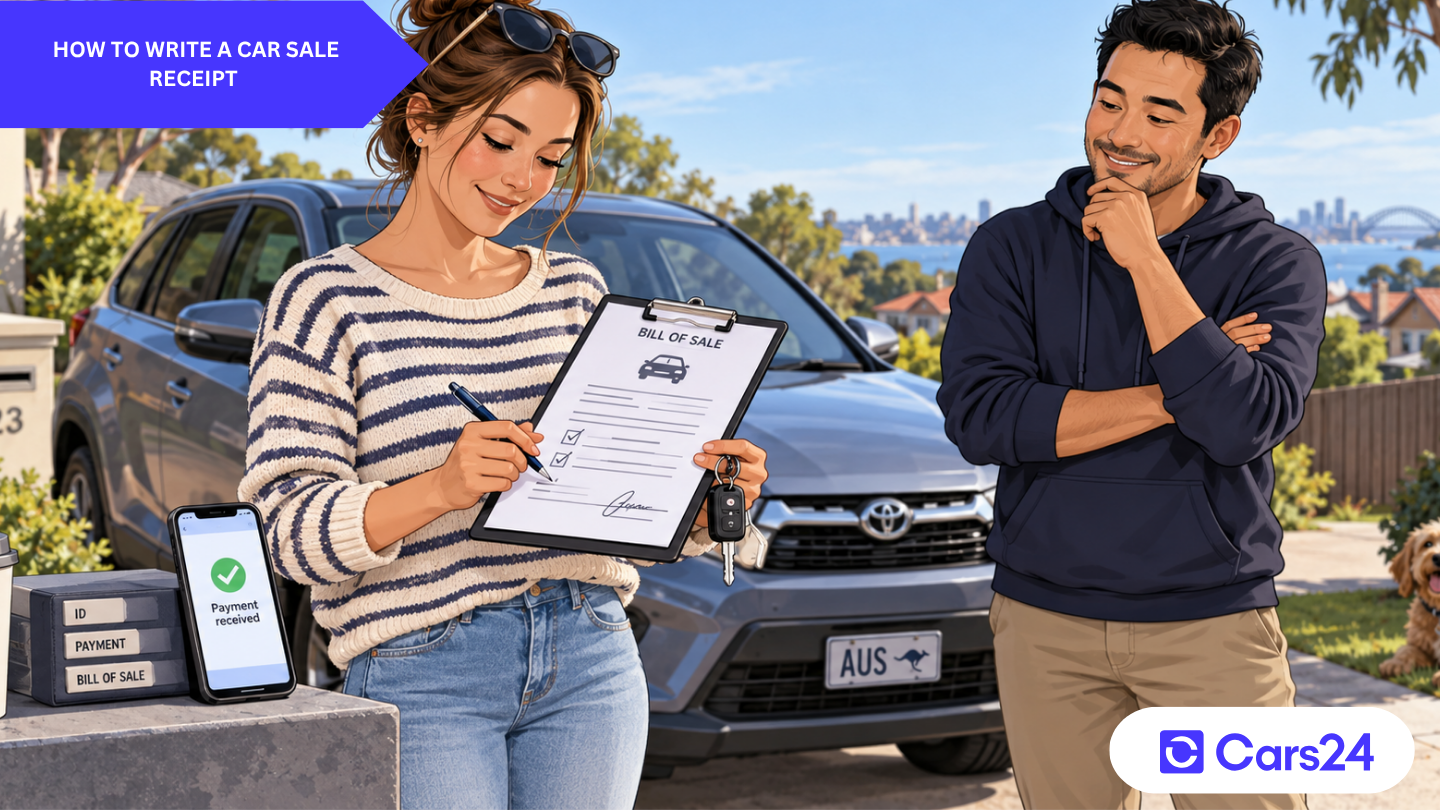 Australian car seller and buyer checking and signing a car sale receipt beside a used vehicle before handover
