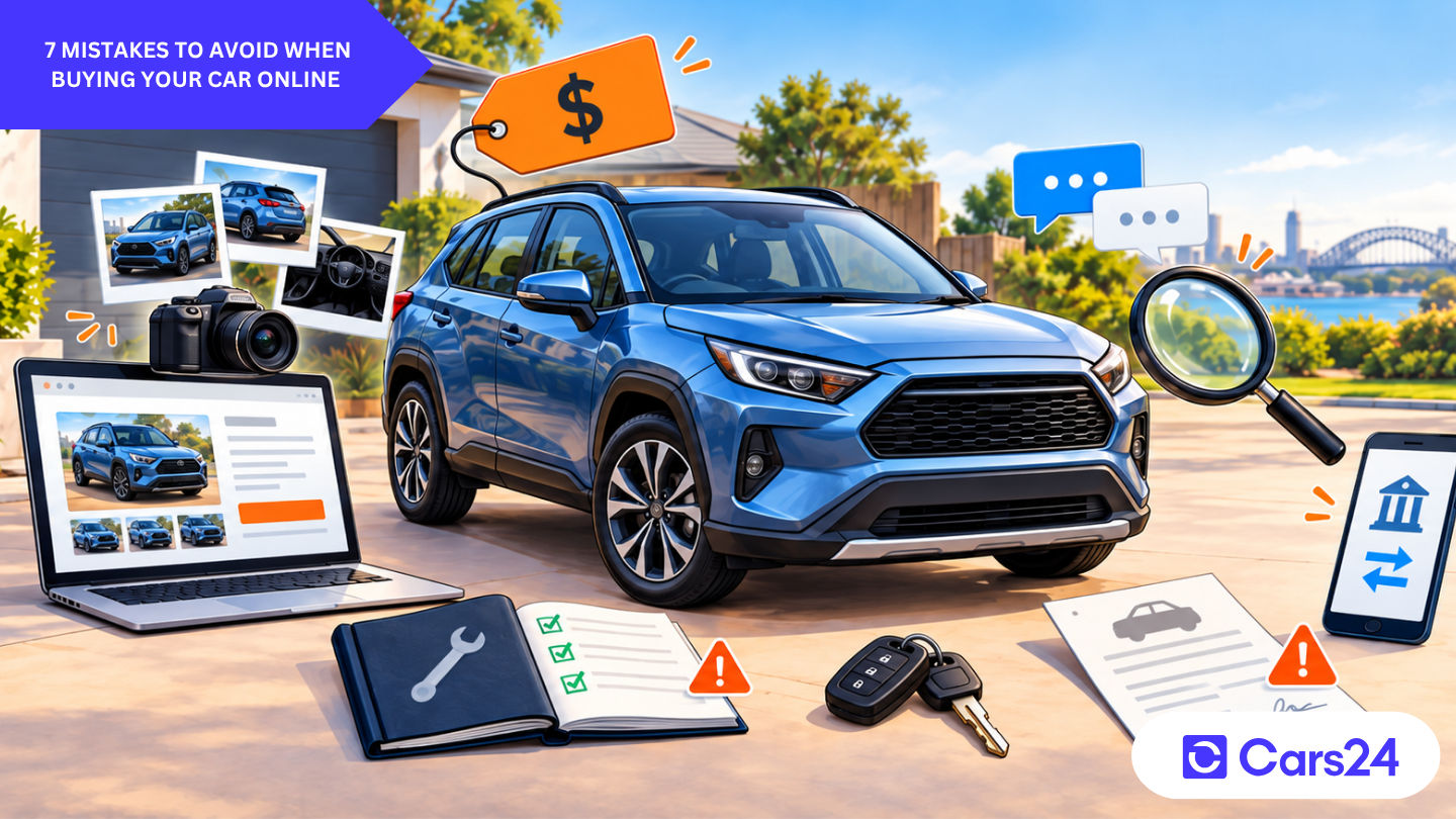 Used car surrounded by online listing, pricing, photos, service records, payment and paperwork icons highlighting common mistakes to avoid when selling a car online.