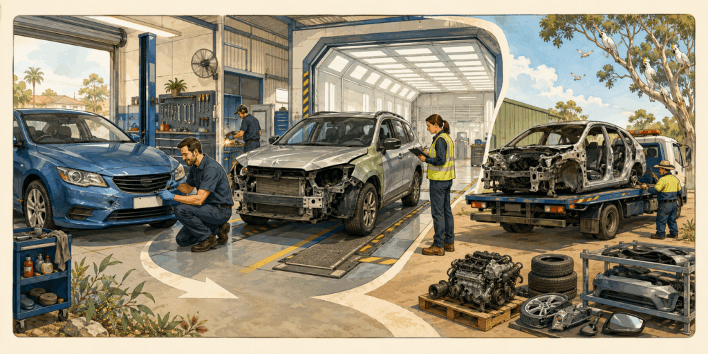 An Australian car seller shows repair records to a buyer inspecting a vehicle that has been repaired after an accident.