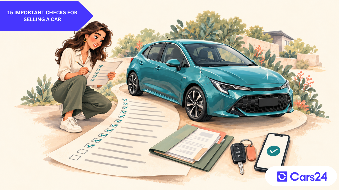 car owner preparing to sell a teal hatchback using a 15-step car selling checklist, with keys and vehicle documents.