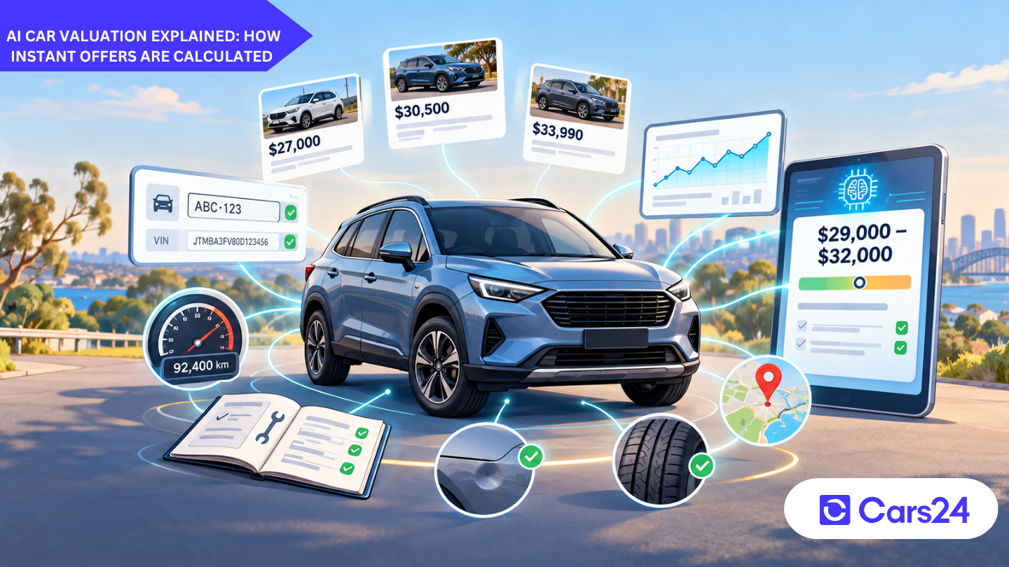 AI car valuation illustration showing a used SUV assessed using online listing prices, VIN and rego details, kilometres, service history, vehicle condition, location and market trends.