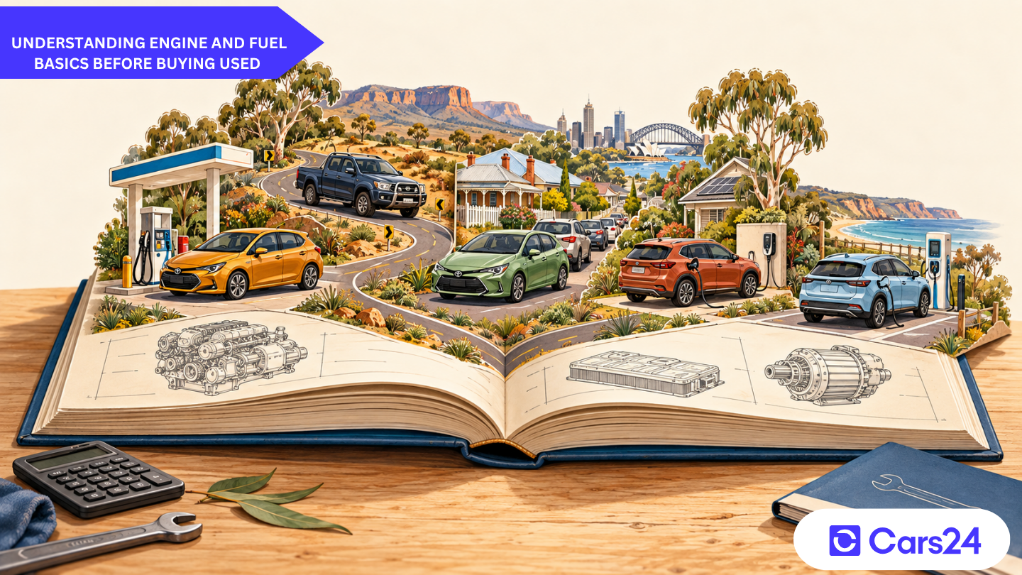 Open motoring handbook with a pop-up Australian road scene showing petrol, diesel, hybrid, plug-in hybrid and electric cars.