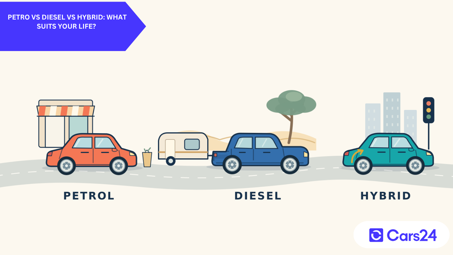 Caricature-style petrol hatchback on a shopping trip, diesel ute towing a caravan, and full hybrid in city traffic.