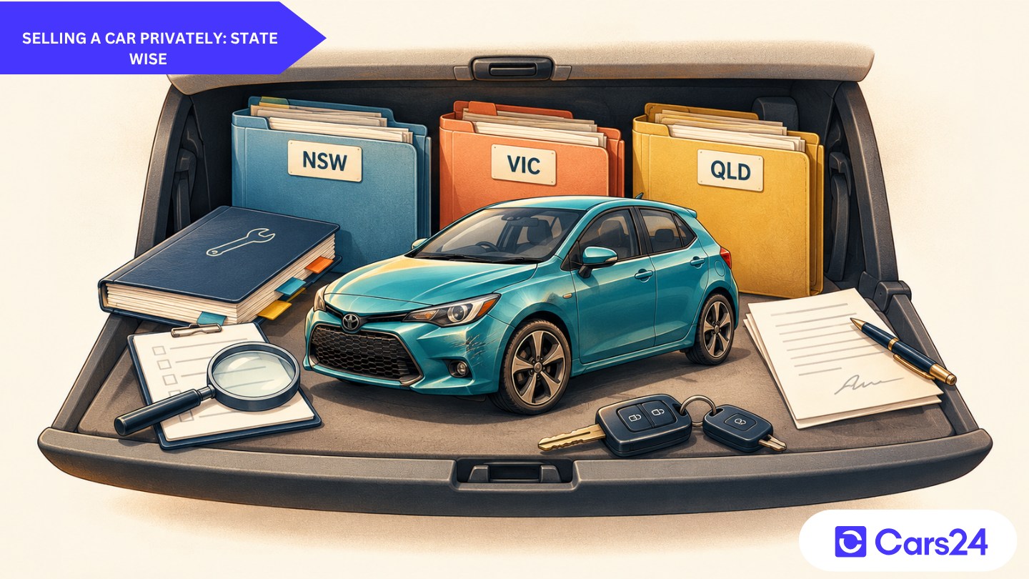 Car and private-sale paperwork arranged inside an oversized glovebox, with folders for NSW, Victoria and Queensland.