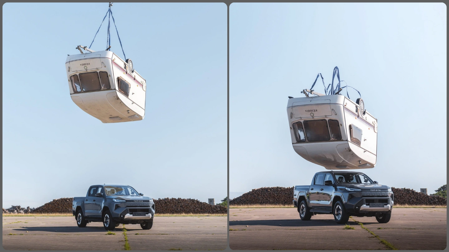 Toyota Hilux BEV caravan drop stunt