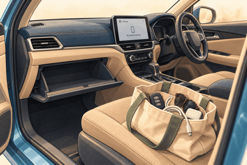 Car interior prepared for handover, with personal items removed and the touchscreen showing no paired devices.