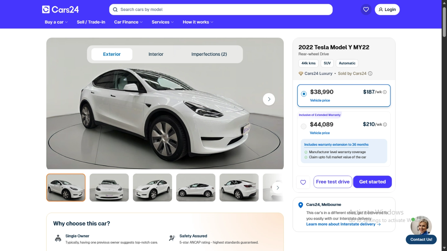 a used electric car tesla model y listed on cars24 australia